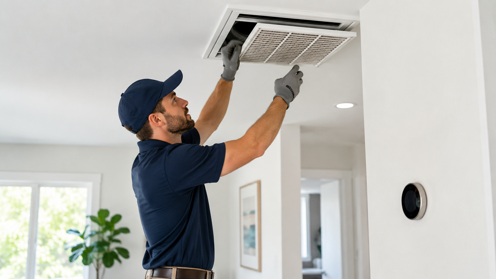 Technician servicing an indoor ceiling vent