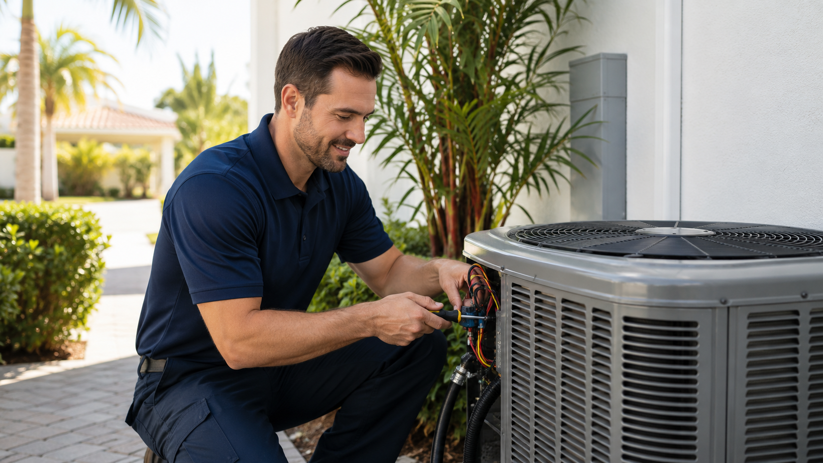 HVAC technician servicing an outdoor AC unit